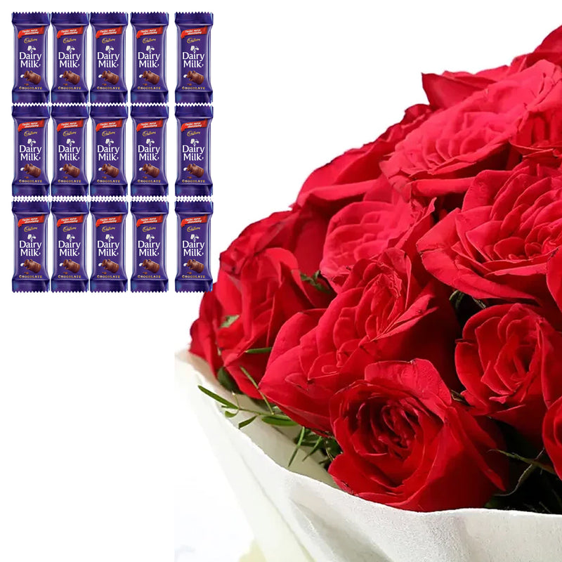 20 Red Roses Bouquet With 15 Dairy Milk Chocolates Authentic Love Gift | GiftingBD