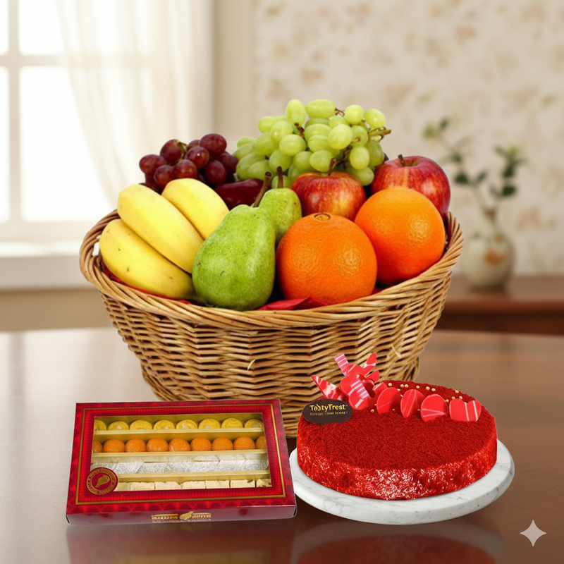 The Ultimate Sweet & Healthy Combo: Fruit Basket, Red Velvet Cake and Sweets