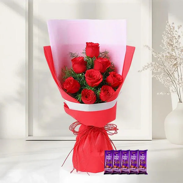 Rose Bouquet & Cadbury Dairy Milk Silk Chocolate Surprise Gift