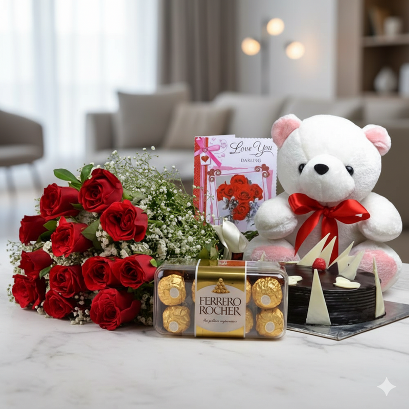 The Ultimate Romantic Combo: Roses, Cake, Teddy, & Chocolates