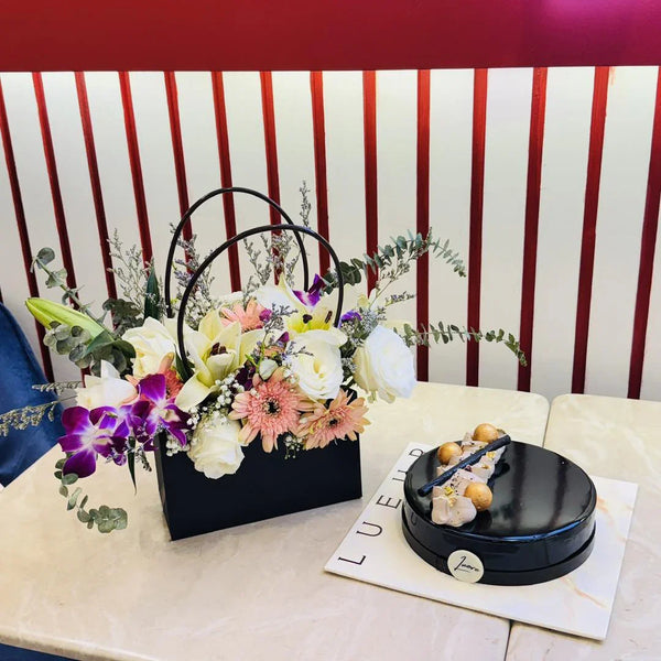 Midnight Serenity Gift Set | Elegant Flowers & Black Chocolate Cake  | Gifting BD
