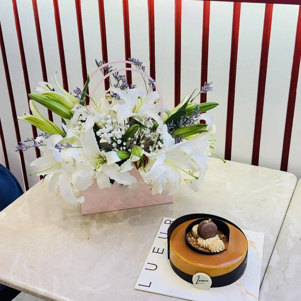 Elegant White Lily Flower Bag & Gourmet Salted Caramel Mirror Glaze Cake Gift Set
